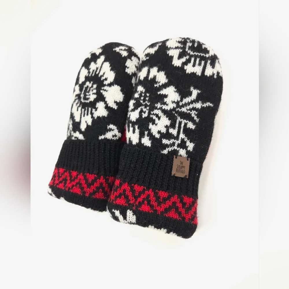 Upcycled Wool Sweater Mittens Black Red Floral Double Fleece Lined Adult M